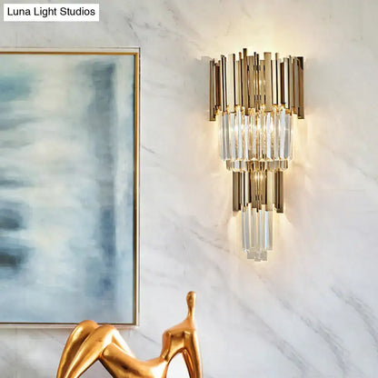 Modern gold crystal sconce light with cascading crystal rods and metallic accents for 110v-120v use