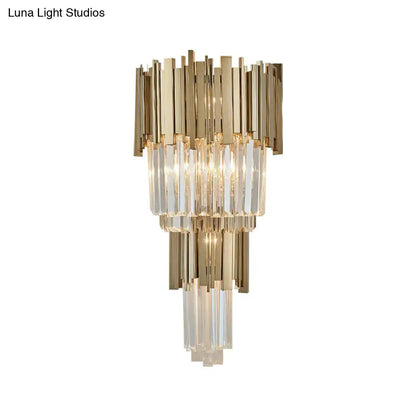 Modern gold crystal sconce light with cascading crystal rods and metallic accents for 110v-120v and led use
