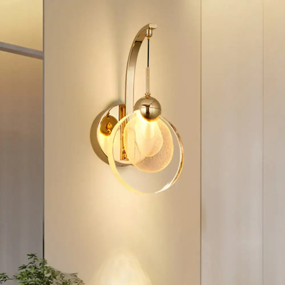 Modern gold crystal shade wall lamp with curved metallic arm clear glass ring frosted globe bulb 110v-120v lighting