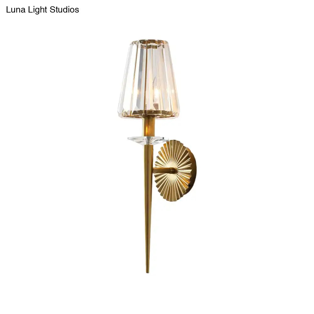 Elegant gold-toned wall light with a faceted crystal shade and sunburst backplate for 220v-240v 110v-120v use