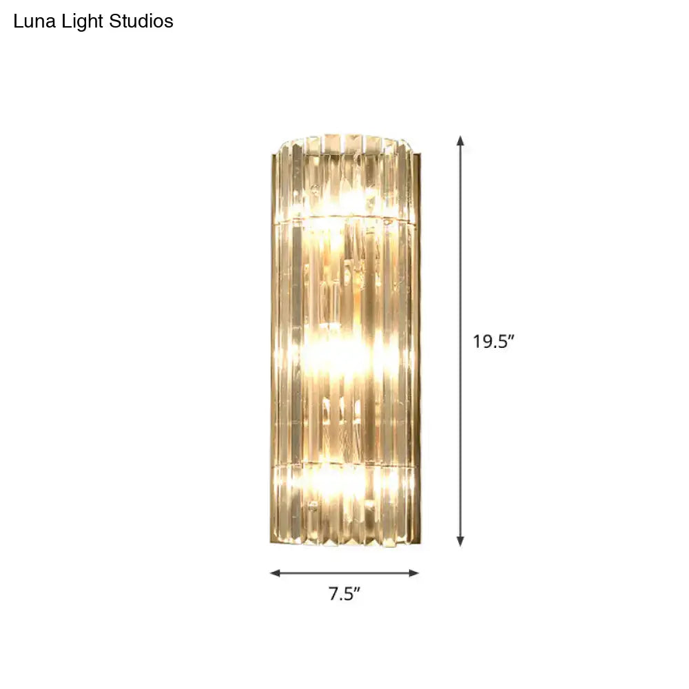 Modern gold crystal shade wall scone with gold metallic frame and vertical crystal rods for led incandescent fluorescent use