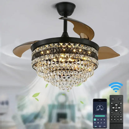 Black wrought iron smart ceiling fan with gold-toned blades and crystal chandelier light for modern living room