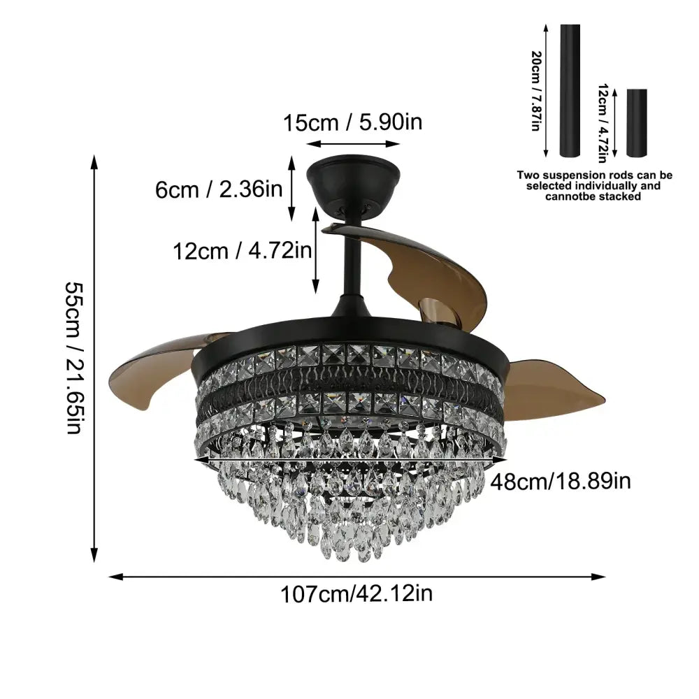 Black crystal smart ceiling fan with bronze blades and tiered clear crystals for modern living room chandelier use