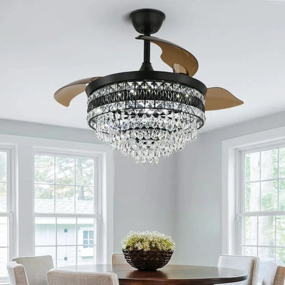 Modern gold crystal smart ceiling fan in black and gold with chandelier design for living room ceiling fan use