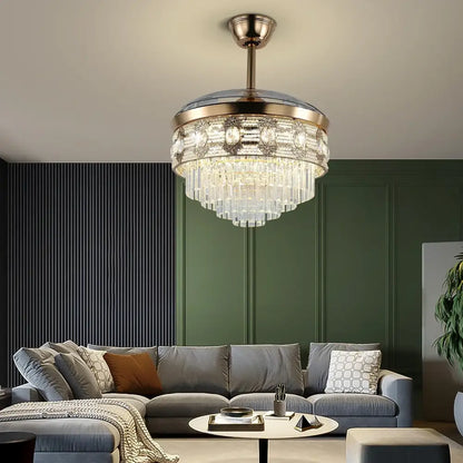 A modern gold crystal smart ceiling fan with brass frame and cascading clear glass prisms for living room use