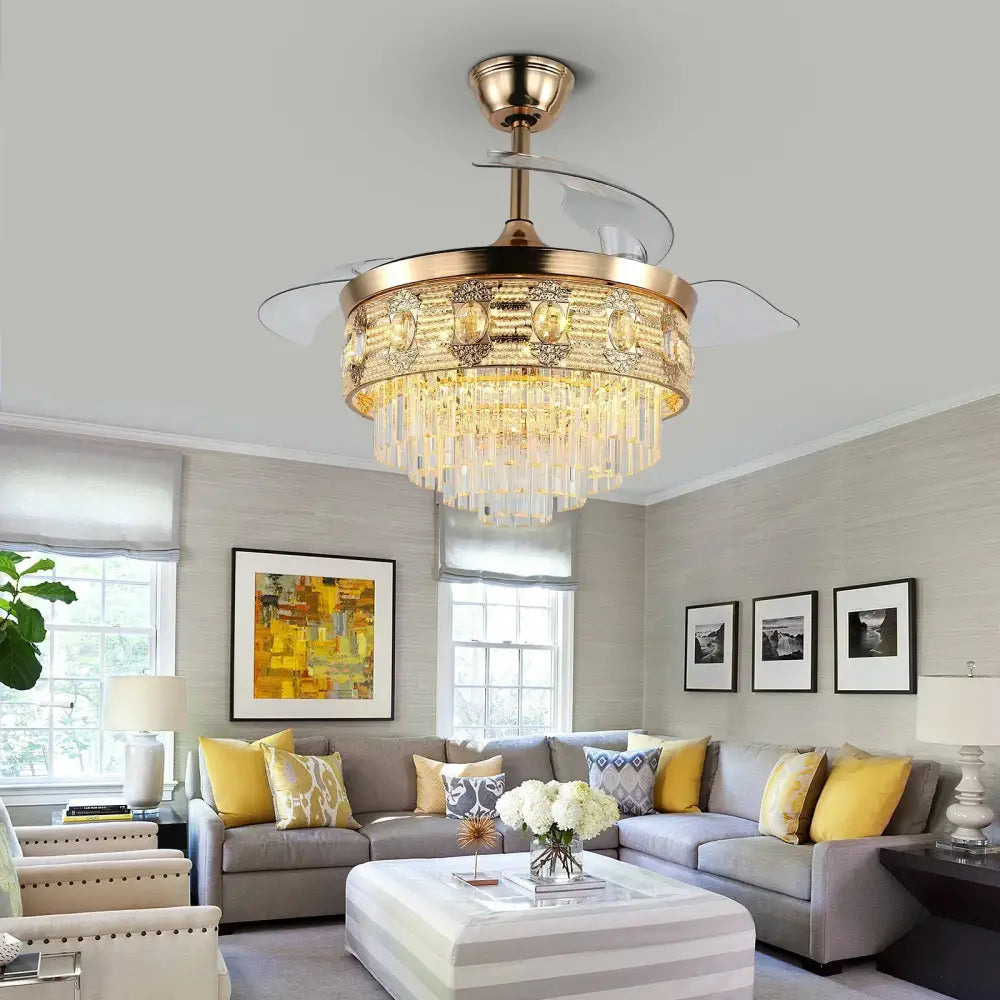 Modern gold crystal smart ceiling fan with transparent blades and chandelier accents for elegant living room use