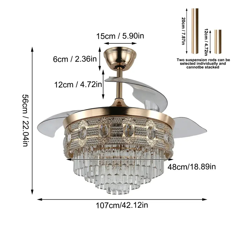 Modern gold crystal smart ceiling fan with translucent blades and chandelier design for living room use