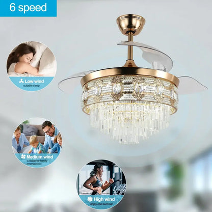 Modern gold crystal smart ceiling fan with transparent blades designed as a living room chandelier ceiling fan