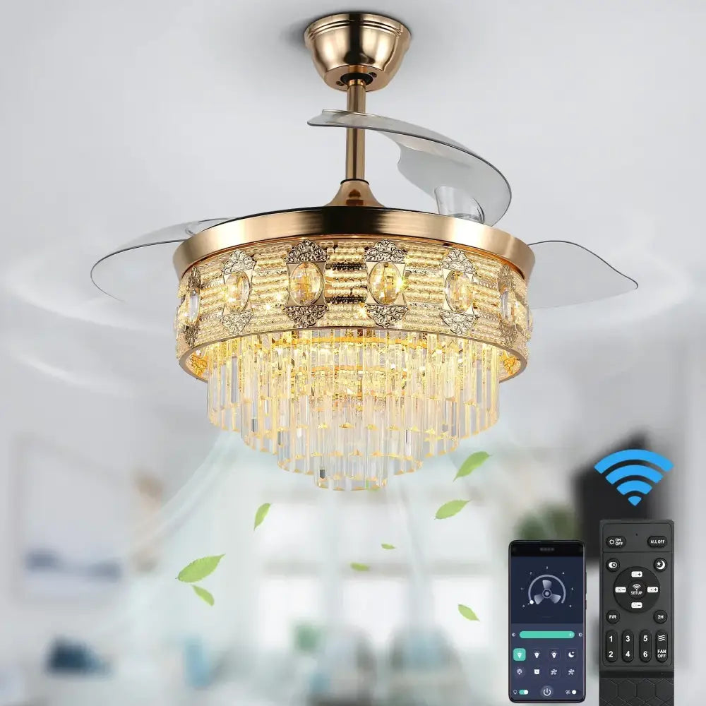Modern gold crystal smart ceiling fan with transparent blades and chandelier accents for elegant living room use