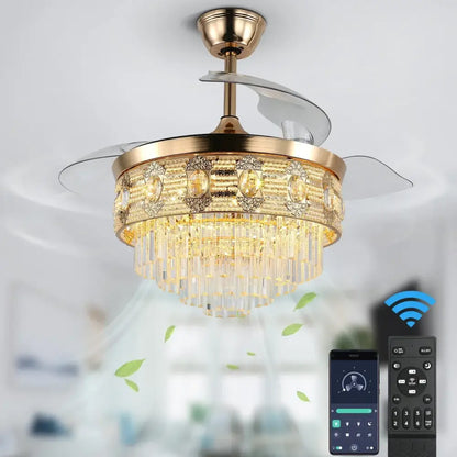 Modern gold crystal smart ceiling fan with transparent blades and chandelier accents for elegant living room use
