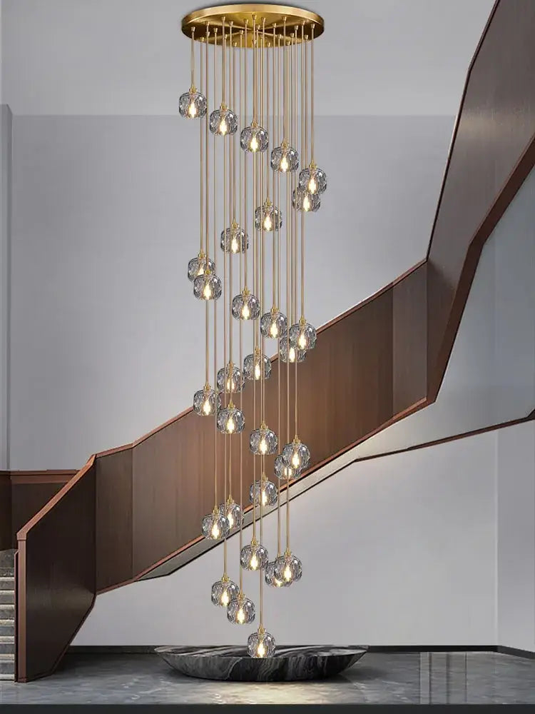 Modern gold crystal stainless steel staircase chandelier with cascading crystal spheres brass fixture living room decorbites crystal stainless