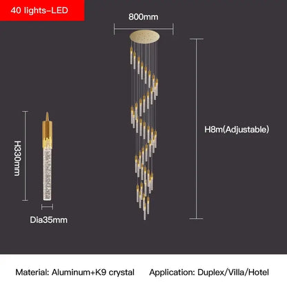 Modern gold crystal staircase chandelier with 40 led lights and clear k9 crystal strands by decorbites crystal staircase