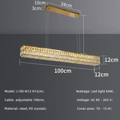 Modern gold crystal steel led pendant light featuring sleek rectangular frame with embedded k9 crystals for dining room decorbites
