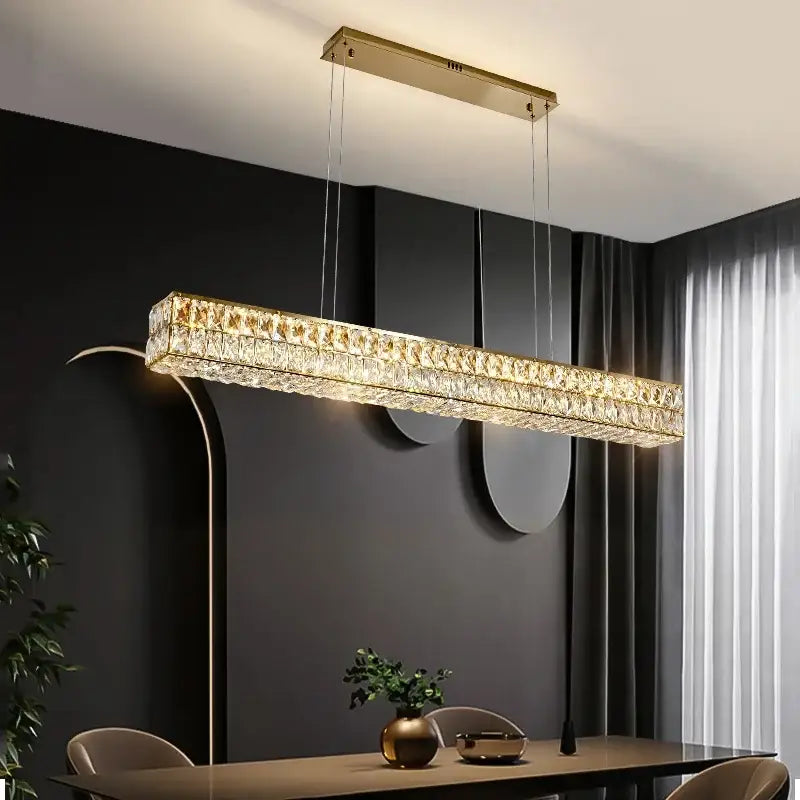 Modern gold crystal steel led pendant light with faceted crystal accents for dining room decorbites crystal steel decor