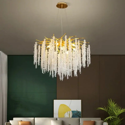 Modern gold crystal tassel chandelier with a branch-like frame and clear crystal droplets for dining room decorbites crystal tassel
