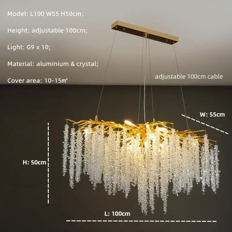 Modern gold crystal tassel led pendant light with gold-toned branch aluminum frame and cascading crystal droplets