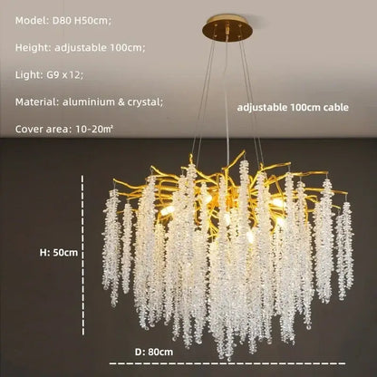 Modern gold crystal tassel led pendant light with branching aluminum frame and cascading crystal droplets for dining room decorbites crystal tassel chandelier