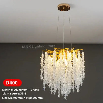 Modern gold crystal tassel pendant chandelier with golden branch design and cascading clear crystal droplets for dining room lighting