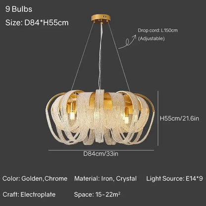 Modern gold crystal tassels led chandelier with golden and chrome finish featuring intricate crystal tassels for dining room decorbites
