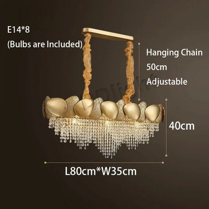Modern gold crystal tassels led pendant chandelier with eight egg-shaped fixtures and cascading crystal droplets for dining room decorbites crystal tassels