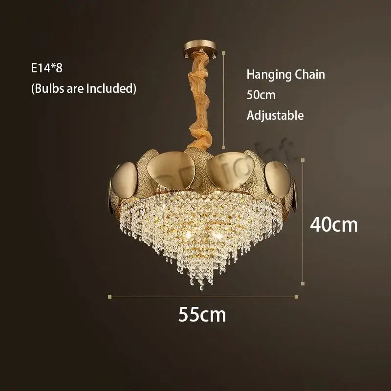 Modern gold crystal tassels led pendant chandelier with eight e14 bulbs and textured metallic frame for dining room decorbites crystal tassels