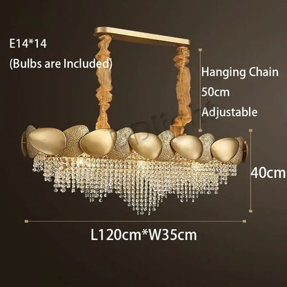 Modern gold crystal tassels led pendant chandelier with decorative textured frame and cascading crystal tassels for dining room decorbites