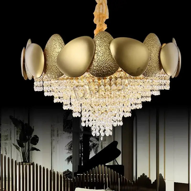 Modern gold crystal tassels led pendant chandelier with textured egg-shaped orbs and cascading crystal tassels for dining room decorbites