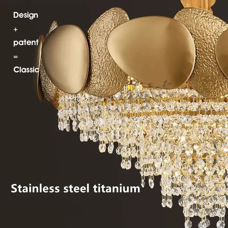 Modern gold crystal tassels led pendant chandelier with oval hammered metallic plates for dining room decorbites crystal tassels