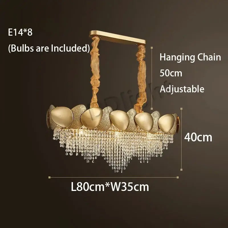 Modern gold crystal tassles pendant light chandelier with eight egg-shaped fixtures and cascading crystal tassles decorbites