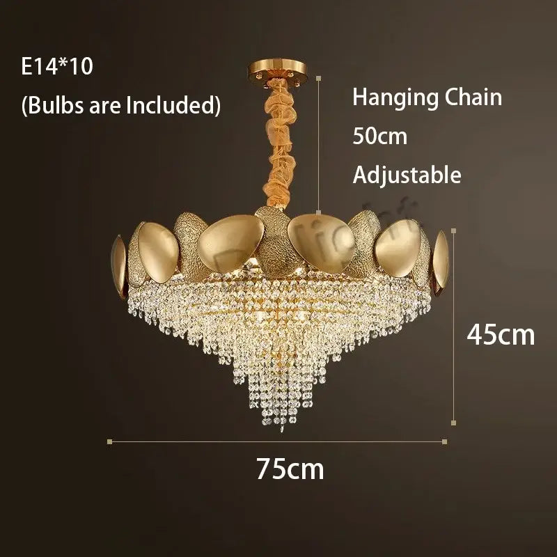 Modern gold crystal tassles pendant light featuring faceted crystal tassles and textured oval metallic plates for living room decorbites chandelier