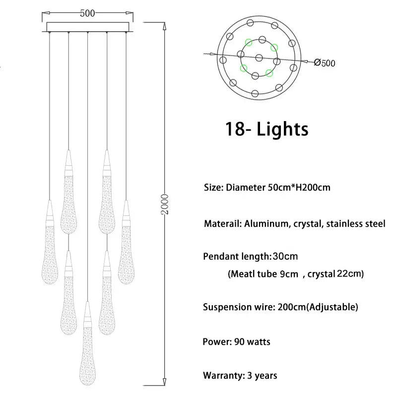 Modern gold crystal tear drop LED pendant light with 18-light aluminum frame and crystal tear drop ceiling decorbites design