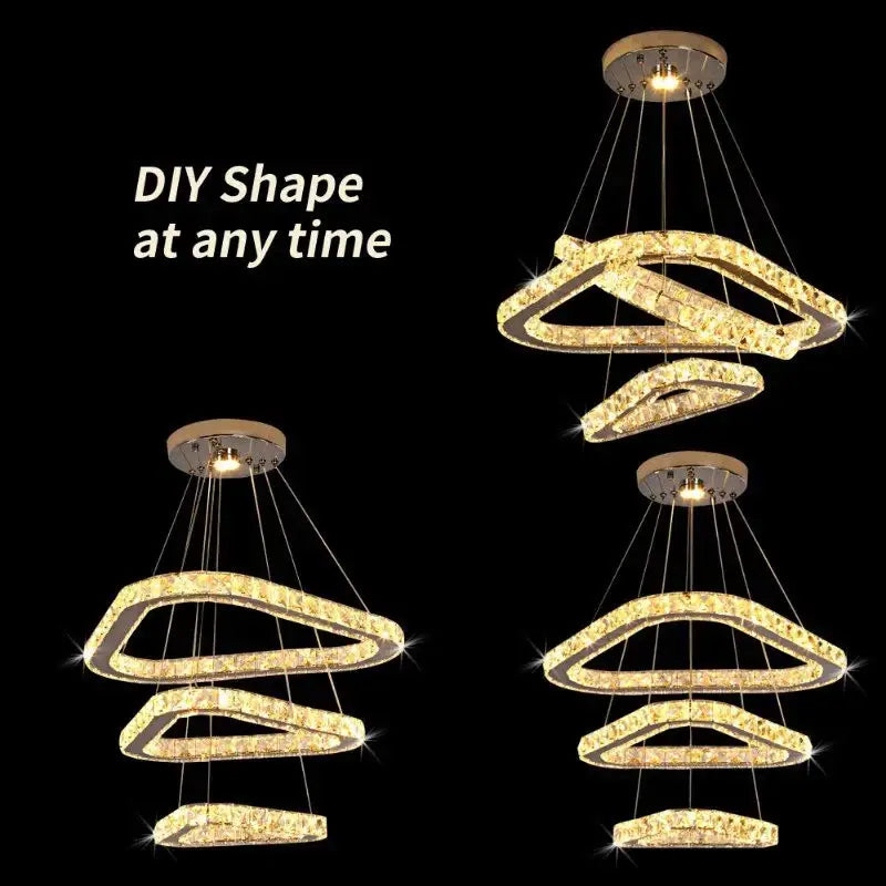 Modern gold crystal triangle chandelier featuring a tiered interlocking ring design for living room decorbites crystal triangle