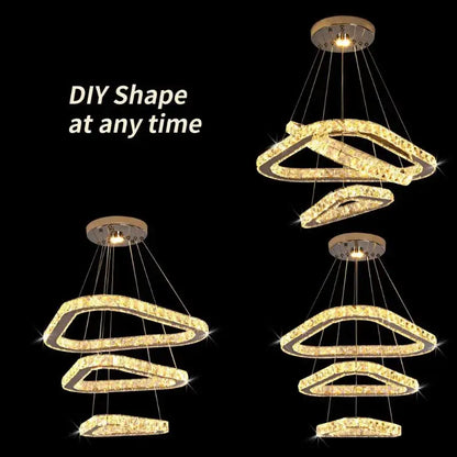 Modern gold crystal triangle chandelier featuring a tiered interlocking ring design for living room decorbites crystal triangle