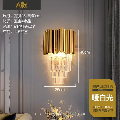 Modern gold crystal wall lamp with vertical metallic bars and cascading clear crystals for elegant decorbites crystal wall lighting