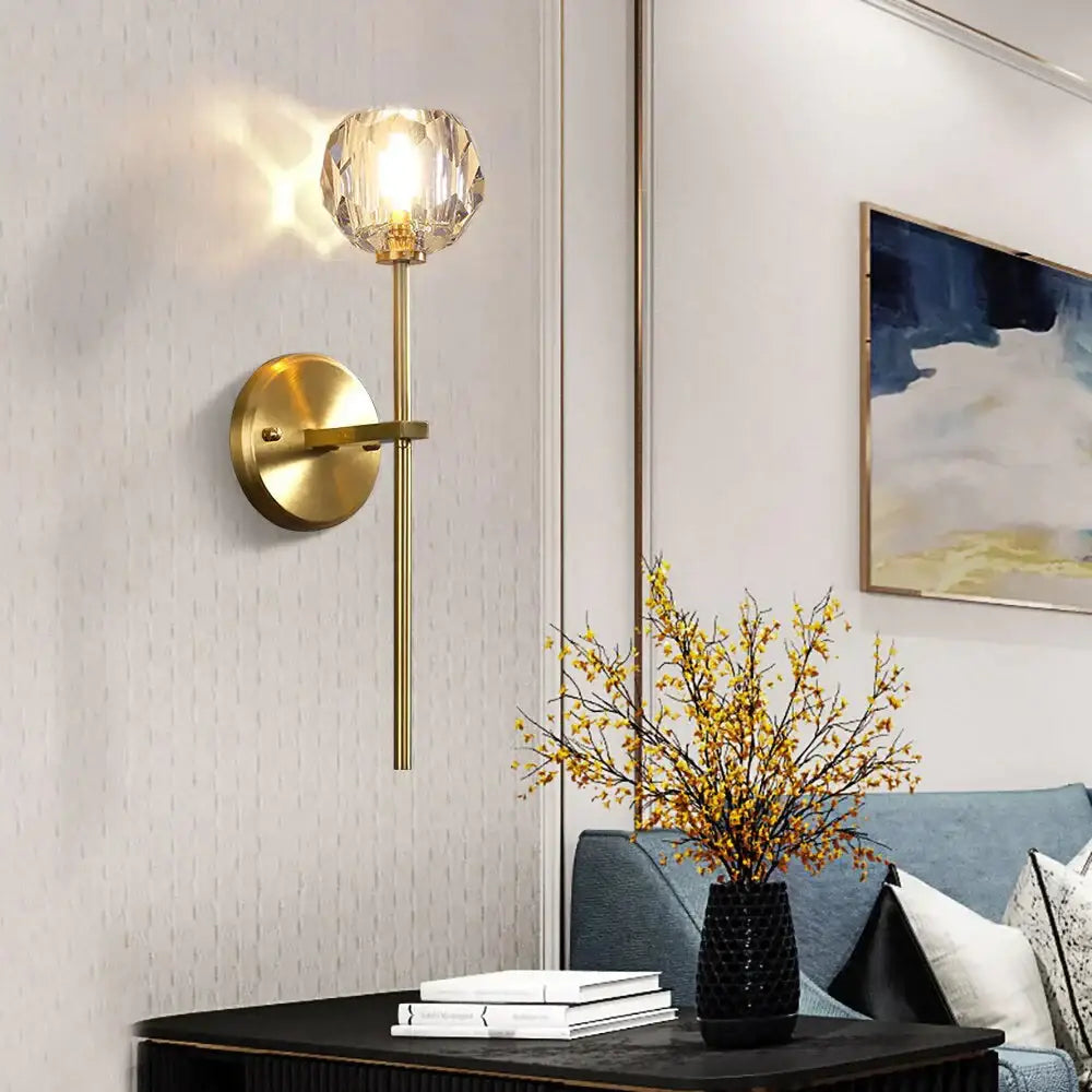 Gold-toned DecorBites Ivy wall lamp with faceted crystal globe shade crystal wall lamp for elegant indoor lighting
