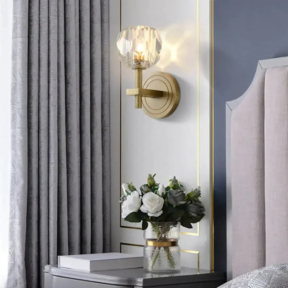 Gold-toned decorbites ivy wall lamp with faceted crystal globe shade elegant crystal wall lamp design