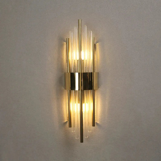 Modern gold crystal wall lamp with vertical glass tubes and central metallic band for bedroom decorbites crystal wall lamp