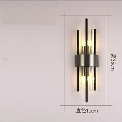 Modern gold crystal wall lamp with brushed metal base and vertical glass rods warm light for bedroom decorbites crystal wall lamp