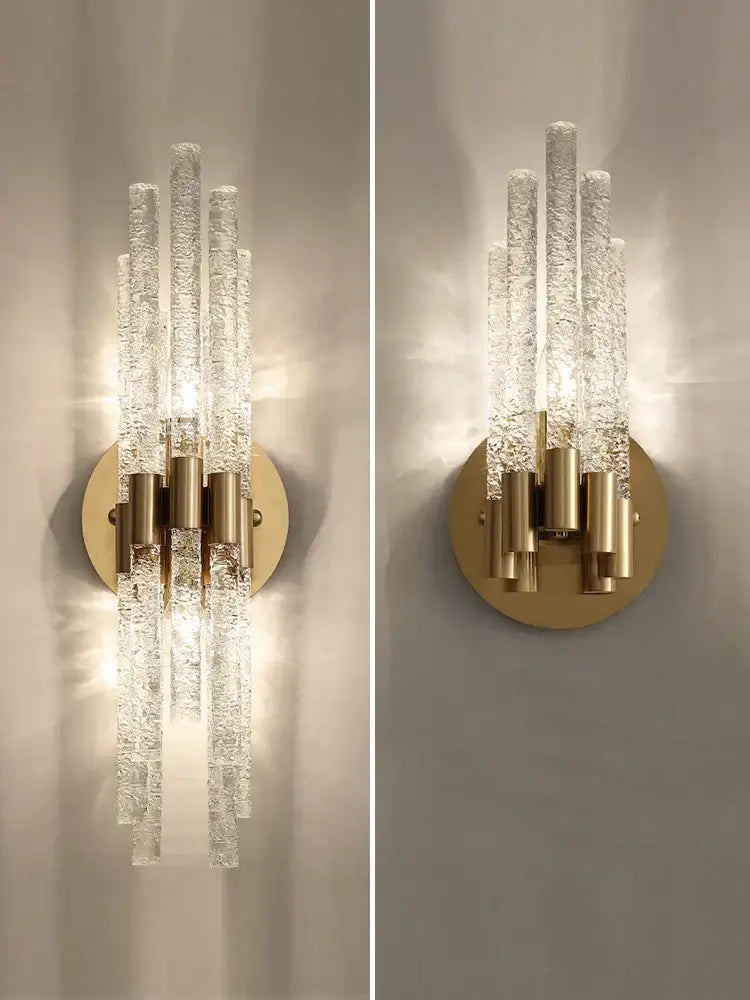 Modern gold crystal wall lamp featuring vertical clear textured glass rods for elegant living room decorbites wall lamp