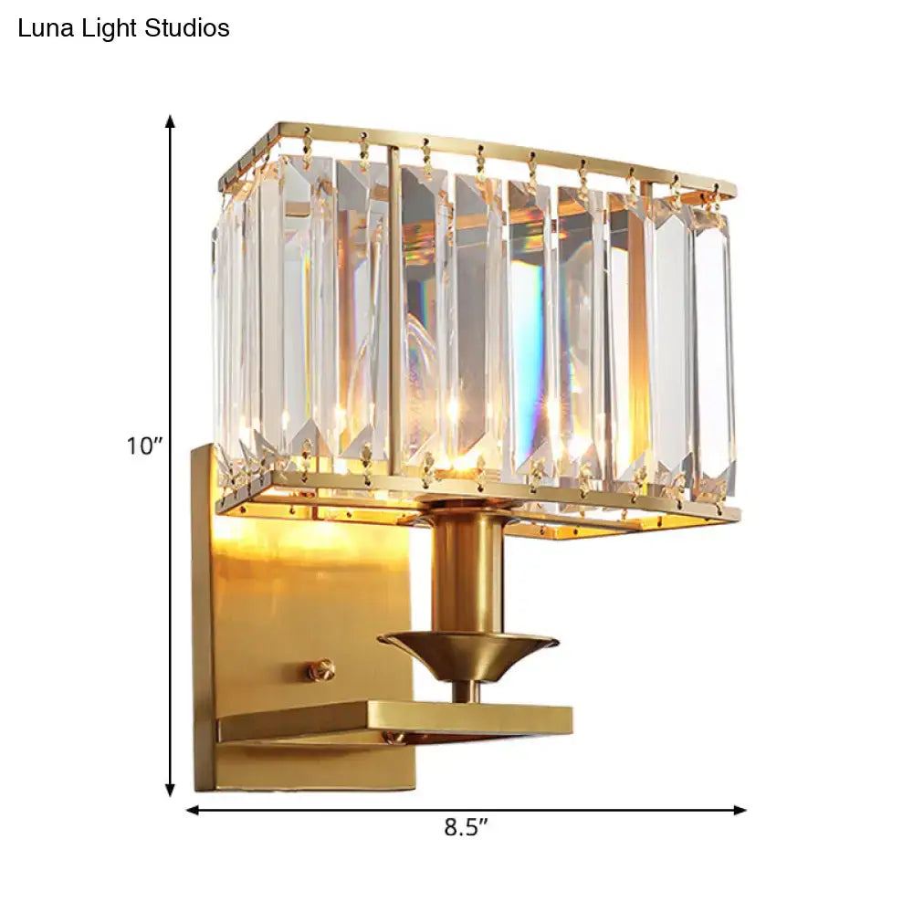 Modern gold crystal wall lamp with clear faceted crystal prisms in rectangular frame for 110v-120v 220v-240v use