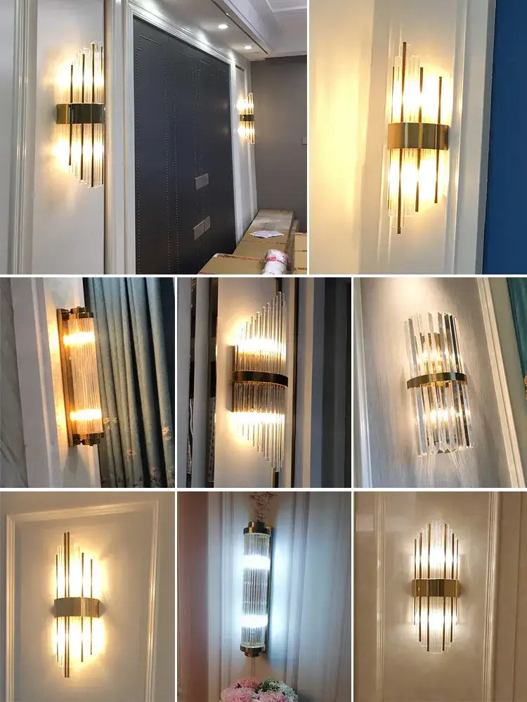 Modern gold crystal wall lamp with vertical glass rods designed as a brass crystal wall sconce for living rooms