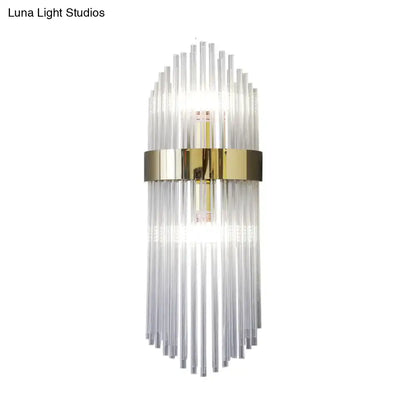 Modern gold crystal wall lamp with clear glass tubes and central metallic band for living room sconce lighting