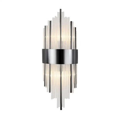 Modern gold crystal wall lamp featuring a sleek chrome frame and translucent glass rods in an elegant crystal wall design