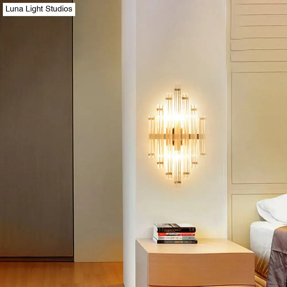 Modern gold crystal wall mounted lamp with geometric clear glass tubes and gold metal accents for living room