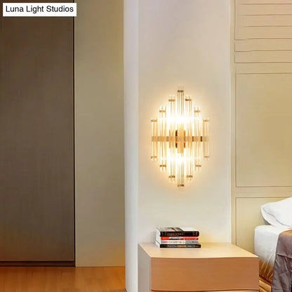 Modern gold crystal wall mounted lamp with geometric clear glass tubes and gold metal accents for living room