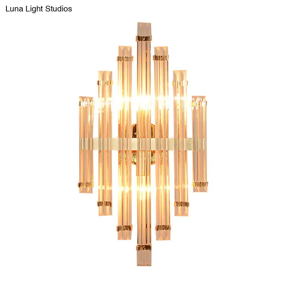 Modern gold crystal wall mounted lamp with clear faceted glass tubes in a radial pattern for living room use