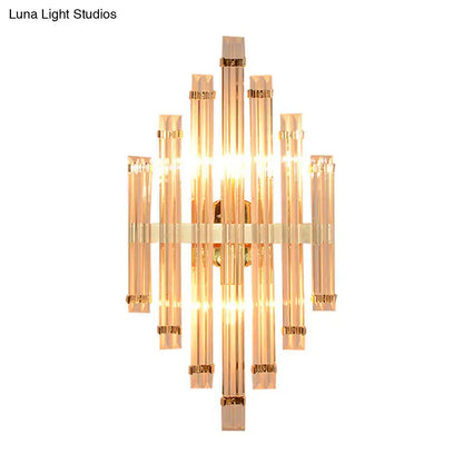 Modern gold crystal wall mounted lamp with clear faceted glass tubes in a radial pattern for living room use