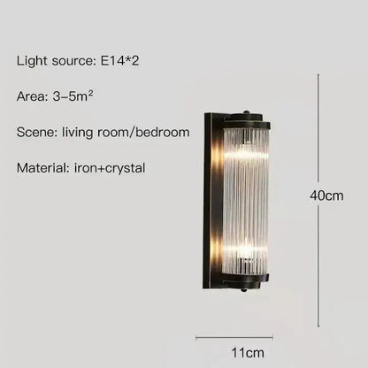 Modern gold decorbites crystal wall sconce with dark iron frame and vertical glass rods for bedroom lighting decor