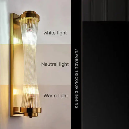 Modern gold crystal wall sconce with cascading glass rod shade and three lighting modes from decorbites crystal wall
