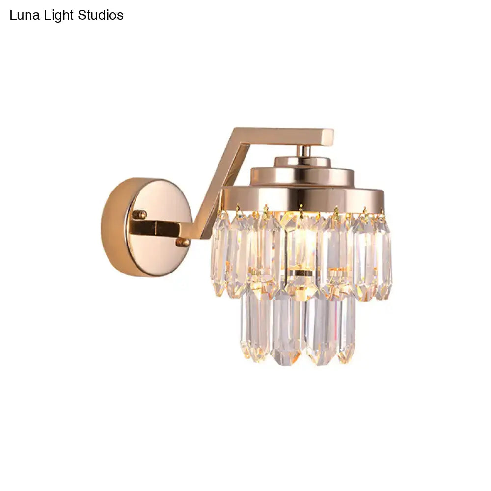 Modern gold crystal wall sconce with cascading prisms suitable for 220v-240v 110v-120v led incandescent fluorescent lighting